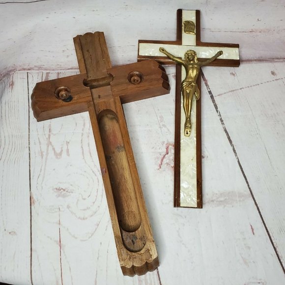 Vintage Catholic Wooden Crucifix Cross With Hidden Compartment Wall Décor - Picture 1 of 11